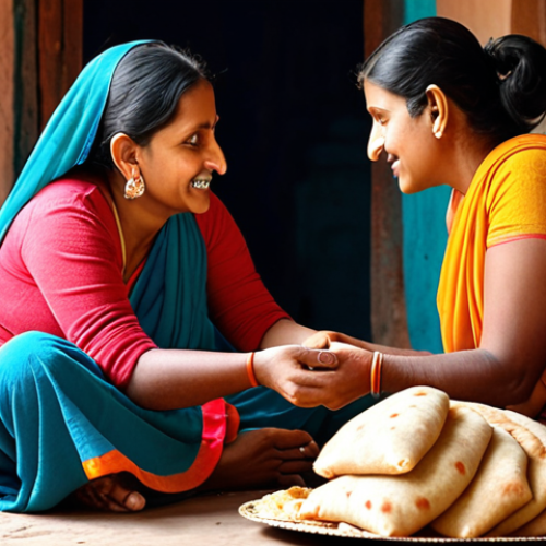 Home 4 ** A mother lovingly feeding roti to her child in a traditional Indian home setting. Focus on warmth, family, and the emotional connection.
**