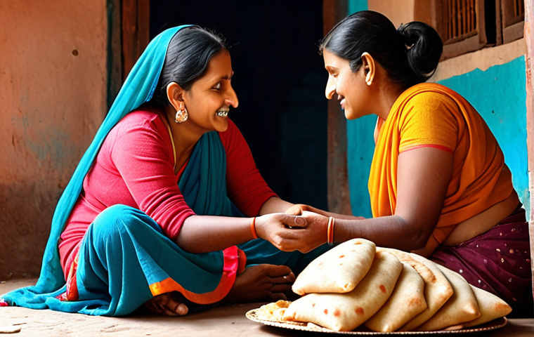 ** A mother lovingly feeding roti to her child in a traditional Indian home setting. Focus on warmth, family, and the emotional connection.
**
