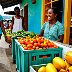 **Prompt 1: Vibrant Trinidadian Local Market**
    A female traveler, fully clothed in modest, comfortable travel attire, smiles genuinely while interacting with a friendly local market vendor, who is also fully clothed in appropriate, professional dress. They are in a vibrant, bustling local market in Port of Spain, Trinidad. Colorful piles of fresh produce like green callaloo leaves, bright mangoes, papayas, and various legumes are beautifully displayed on wooden stalls. Spices in open sacks are visible, and natural daylight illuminates the scene. Perfect anatomy, correct proportions, well-formed hands, natural pose, high-quality professional photography, vivid colors, sharp focus, inviting atmosphere, safe for work, appropriate content, fully clothed, modest.