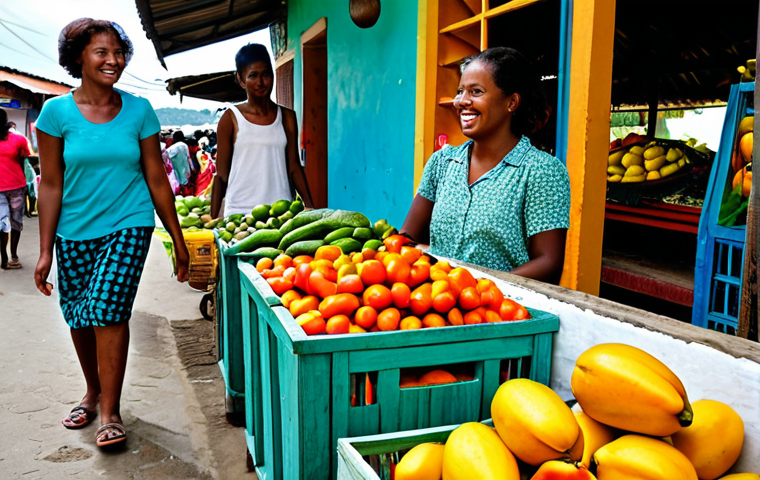 **Prompt 1: Vibrant Trinidadian Local Market**
    A female traveler, fully clothed in modest, comfortable travel attire, smiles genuinely while interacting with a friendly local market vendor, who is also fully clothed in appropriate, professional dress. They are in a vibrant, bustling local market in Port of Spain, Trinidad. Colorful piles of fresh produce like green callaloo leaves, bright mangoes, papayas, and various legumes are beautifully displayed on wooden stalls. Spices in open sacks are visible, and natural daylight illuminates the scene. Perfect anatomy, correct proportions, well-formed hands, natural pose, high-quality professional photography, vivid colors, sharp focus, inviting atmosphere, safe for work, appropriate content, fully clothed, modest.