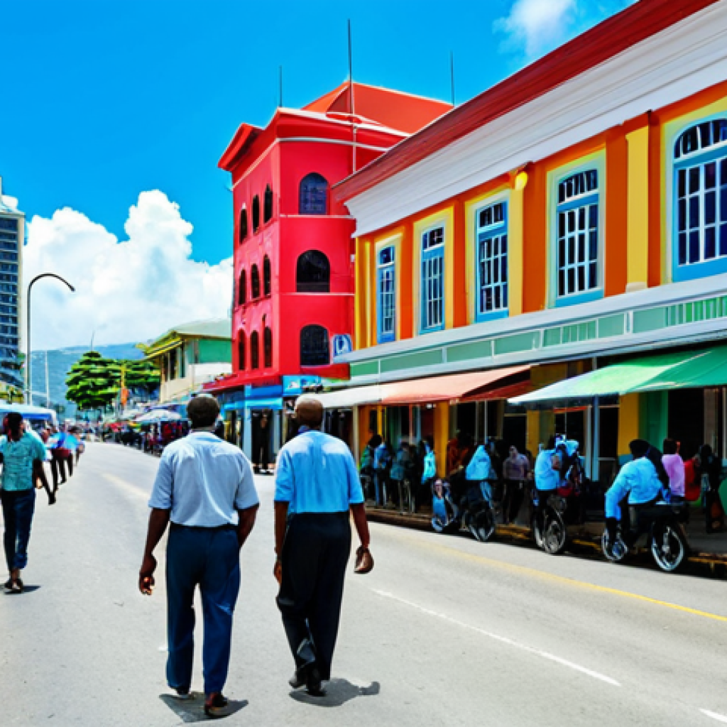 A bustling street scene in Port of Spain, Trinidad and Tobago during the daytime. Professional people are walking, fully clothed in modest, everyday attire. The background features colorful buildings and a vibrant atmosphere. Safe for work, appropriate content, perfect anatomy, natural proportions, professional photography, high quality.
