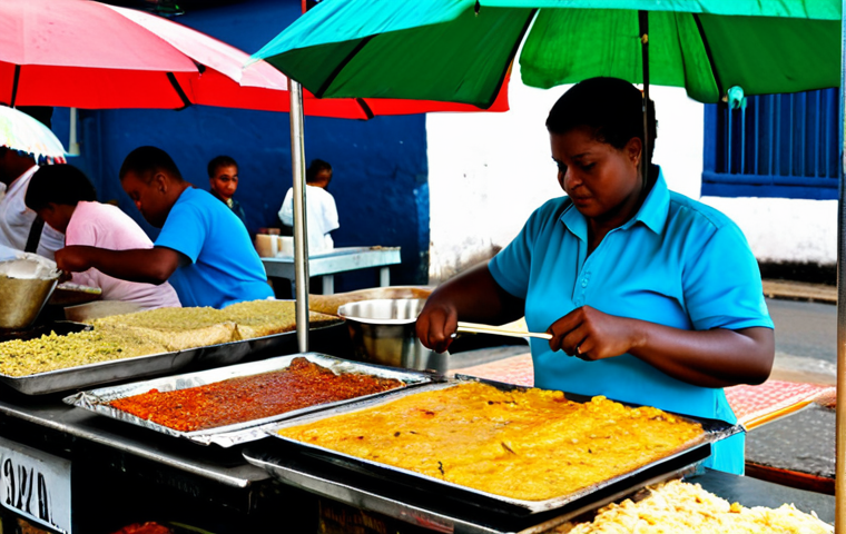 트리니다드 토바고 전통 음식 추천 - Doubles Stall**

"A vibrant street food vendor selling Doubles, a popular Trinidadian breakfast, ful...