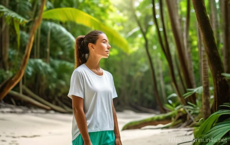 트리니다드 토바고에서 힐링 여행 코스 추천 - **Lush Rainforest and Serene Beach Harmony:** A serene landscape photo featuring a person (wearing c...