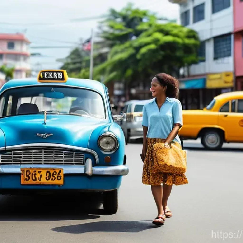 트리니다드 토바고 택시 요금 및 이용법 - **Prompt 1: "A vibrant, sunny street scene in Port of Spain, Trinidad and Tobago, featuring a bustli...