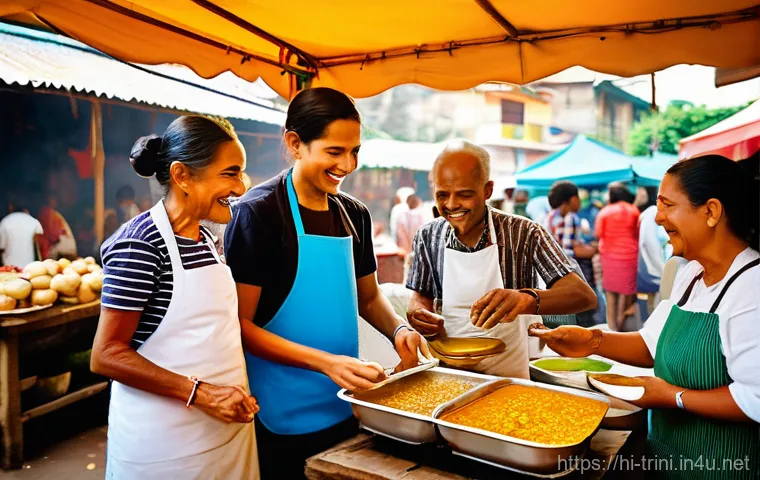 트리니다드 토바고에서 로컬 친구 사귀는 법 - **Prompt:** A vibrant and warm scene depicting initial friendly interactions in Trinidad. A diverse ...