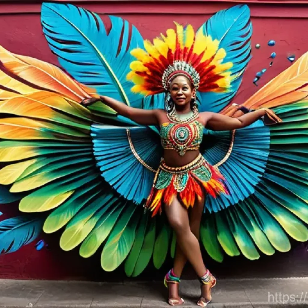 트리니다드 토바고의 길거리 예술과 그래피티 문화 - **A Vibrant Carnival Dance Mural in Port of Spain**
    A large, highly detailed street art mural pa...
