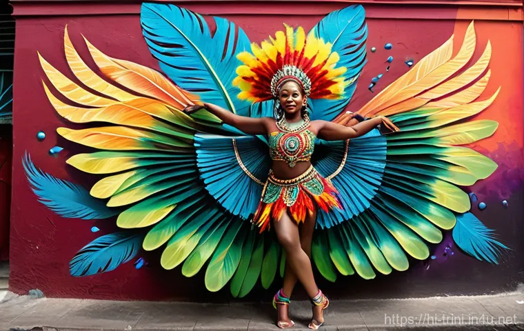 트리니다드 토바고의 길거리 예술과 그래피티 문화 - **A Vibrant Carnival Dance Mural in Port of Spain**
    A large, highly detailed street art mural pa...