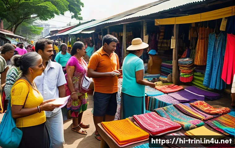 트리니다드 토바고 여행 중 사기 예방 팁 - A busy local market scene in Trinidad and Tobago featuring a diverse group of friendly Hindi-speakin...