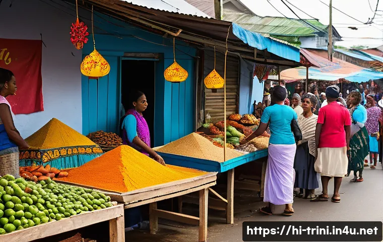 트리니다드 토바고 언어 사용 현황 - A vibrant street market scene in Trinidad and Tobago showcasing the rich linguistic diversity: color...
