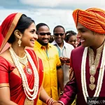 트리니다드 토바고 결혼 문화 및 국제결혼 - A vibrant multicultural wedding scene in Trinidad and Tobago showcasing a fusion of traditional Hind...