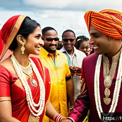 트리니다드 토바고 결혼 문화 및 국제결혼 - A vibrant multicultural wedding scene in Trinidad and Tobago showcasing a fusion of traditional Hind...