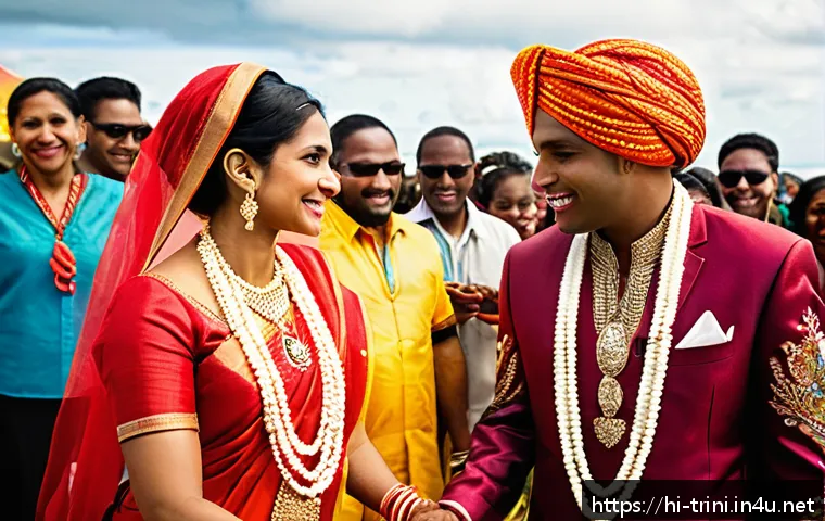 트리니다드 토바고 결혼 문화 및 국제결혼 - A vibrant multicultural wedding scene in Trinidad and Tobago showcasing a fusion of traditional Hind...
