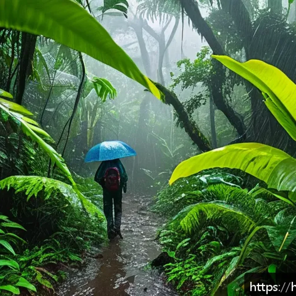 트리니다드 토바고 우기와 건기 차이 - A lush tropical rainforest in Trinidad and Tobago during the monsoon season, vibrant green foliage d...