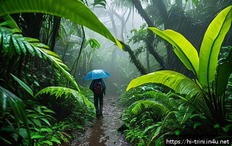 트리니다드 토바고 우기와 건기 차이 - A lush tropical rainforest in Trinidad and Tobago during the monsoon season, vibrant green foliage d...