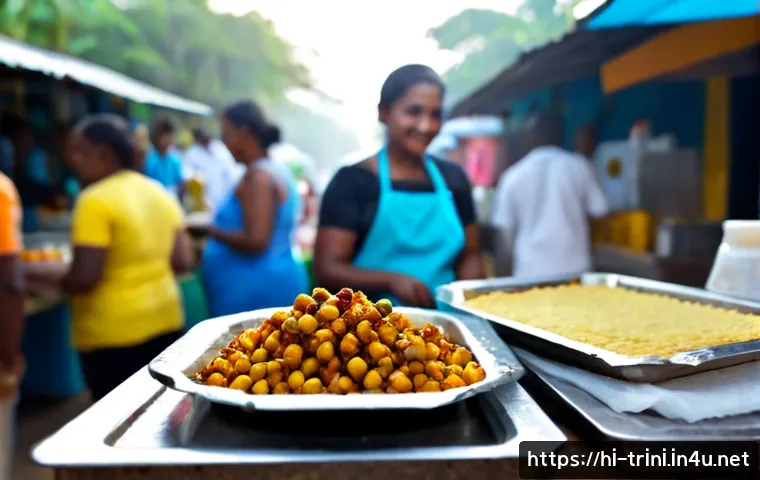트리니다드 토바고 길거리 음식 탐방 - Photorealistic Trinidad and Tobago street food scene at a colorful outdoor market, friendly local ve...