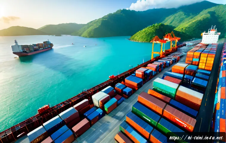 트리니다드 토바고 주요 무역 파트너 - Photorealistic wide-angle view of a busy Caribbean container port in Trinidad and Tobago at golden m...