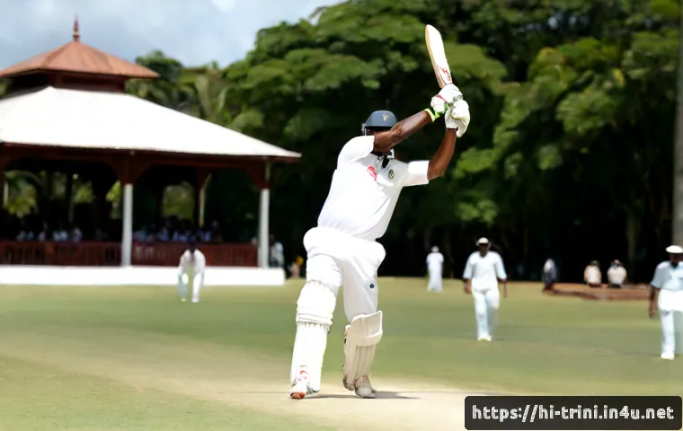 Home 17 트리니다드 토바고 크리켓 팀 역사 - Photorealistic historic cricket scene in Trinidad and Tobago, a skilled Caribbean batsman in traditi...