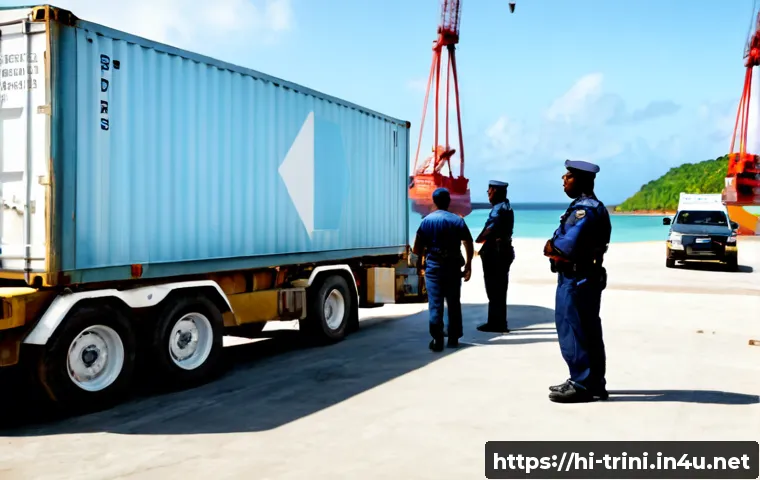 트리니다드 토바고 마약 밀매 이슈 - Photorealistic Caribbean port security inspection in Trinidad and Tobago, uniformed customs officers...